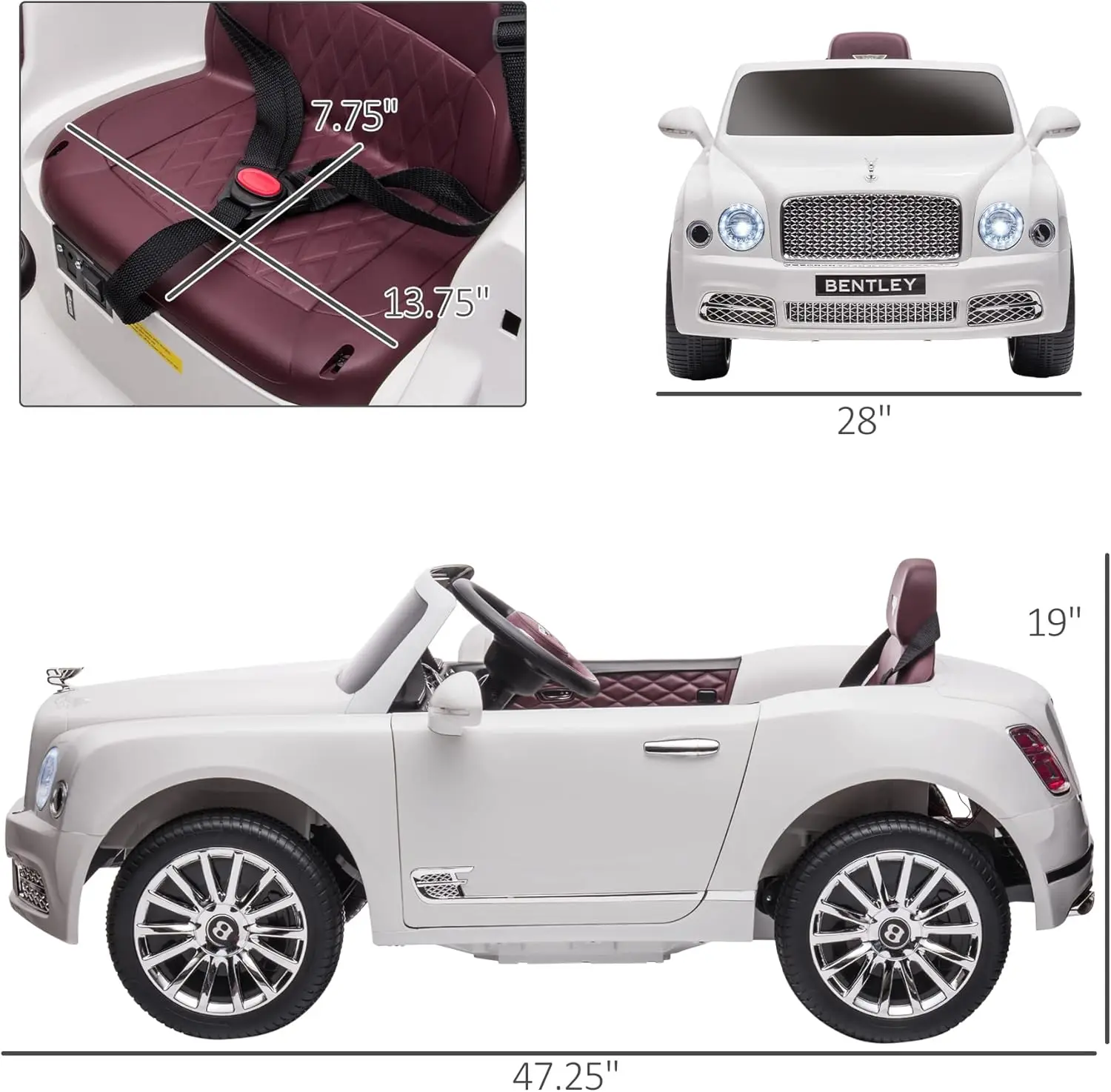 Bentley Mulsanne 12V Ride on Car, samochód zasilany akumulatorem z pilotem, zawieszenie, dźwięk rozruchu, światła LED, MP3, klakson, muzyka