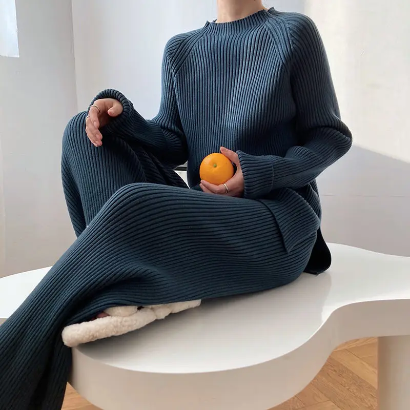 Korean pullover female stylish sweater set knitted wide -leg pants two -piece of sweater 2023 spring long sleeve o neck sweater