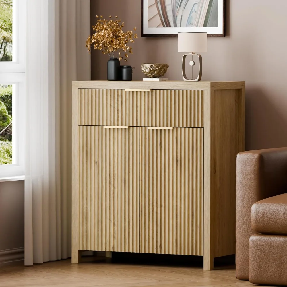 Modern Fluted Sideboard Buffet with Adjustable Shelves and Quality Wooden Top for Media and Accent Storage