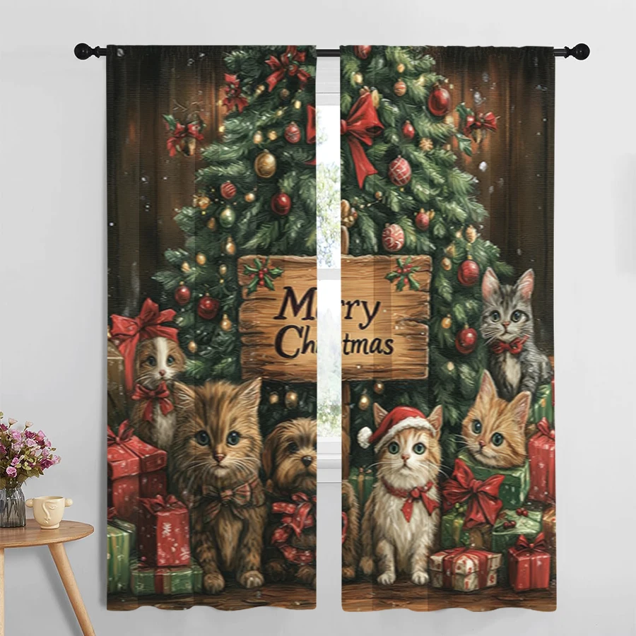 2PCS Christmas Digital Print Curtains, Xmas Tree Cute Cats Kittens Merry Sign, Adorable for Living Room Bedroom Window Decor