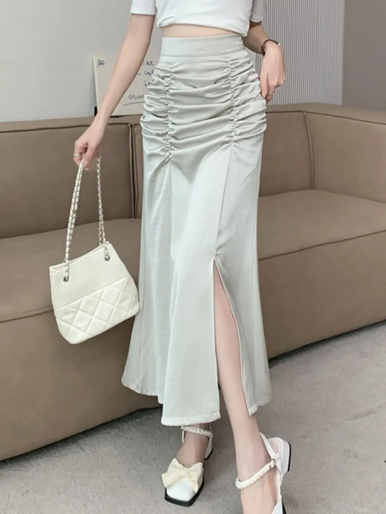 Elegant Mid-length Skirt A-line High-waist Sexy Button Slit Design Skirts for Women Summer Korean Style Pleated Clothing