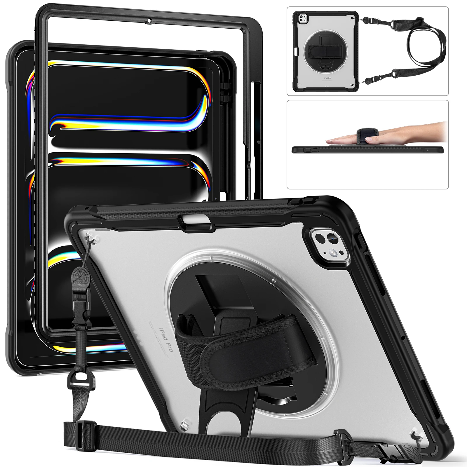 Case For iPad Pro 13 inch (M4) 2024 Protective Case Cover Pencil Holder 360° Rotating Stand Belt Transparent