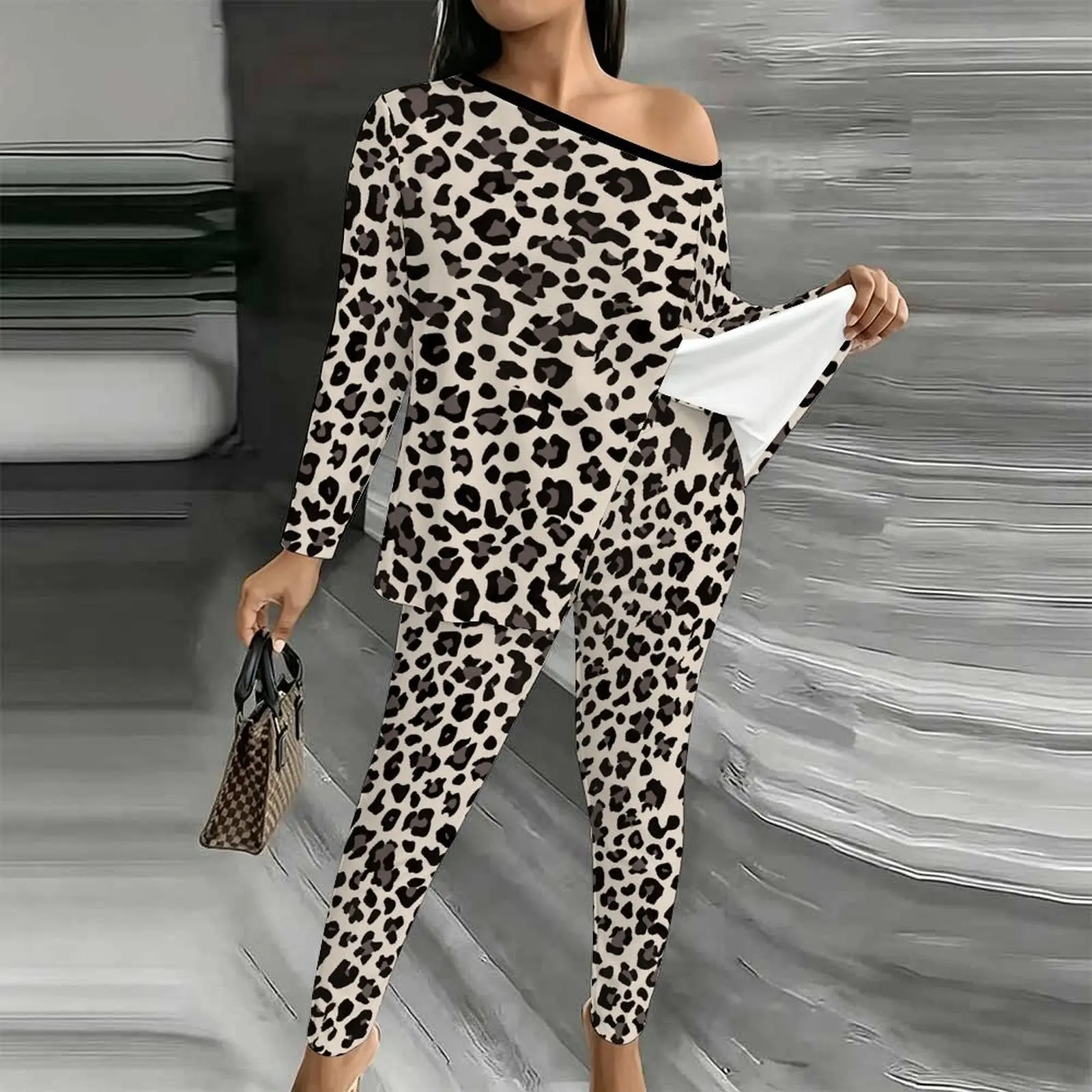 Fashion Printed Jogging Pants Winter Women's Diagonal Collar Long Sleeved Autumn Elegant Two-piece Set Off Shoulder T-shirt
