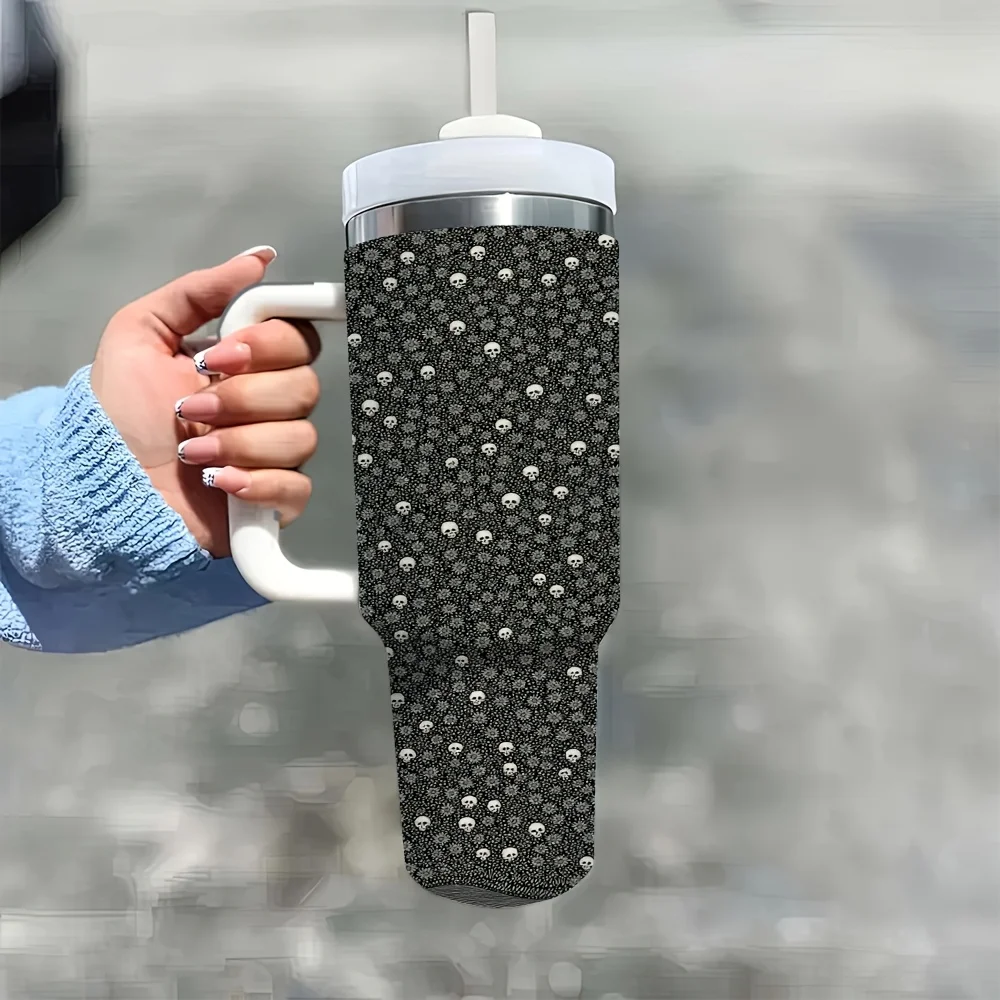 1ps Halloween and Christmas Sparkly Rhinestone 40oz Insulated Tumbler with Handle and Straw, Full Black Silver Rhinestone Studded Pattern Water Cup, for Home Office Daily Drinking, Outdoor Travel Driving Camping Daily Use