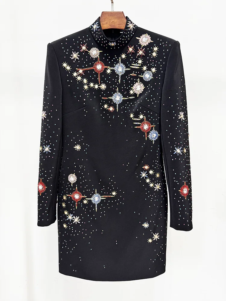 HIGH STREET Newest 2025 Designer Fashion Women's Colorful Beaded Standing Neck Long Sleeve Dress