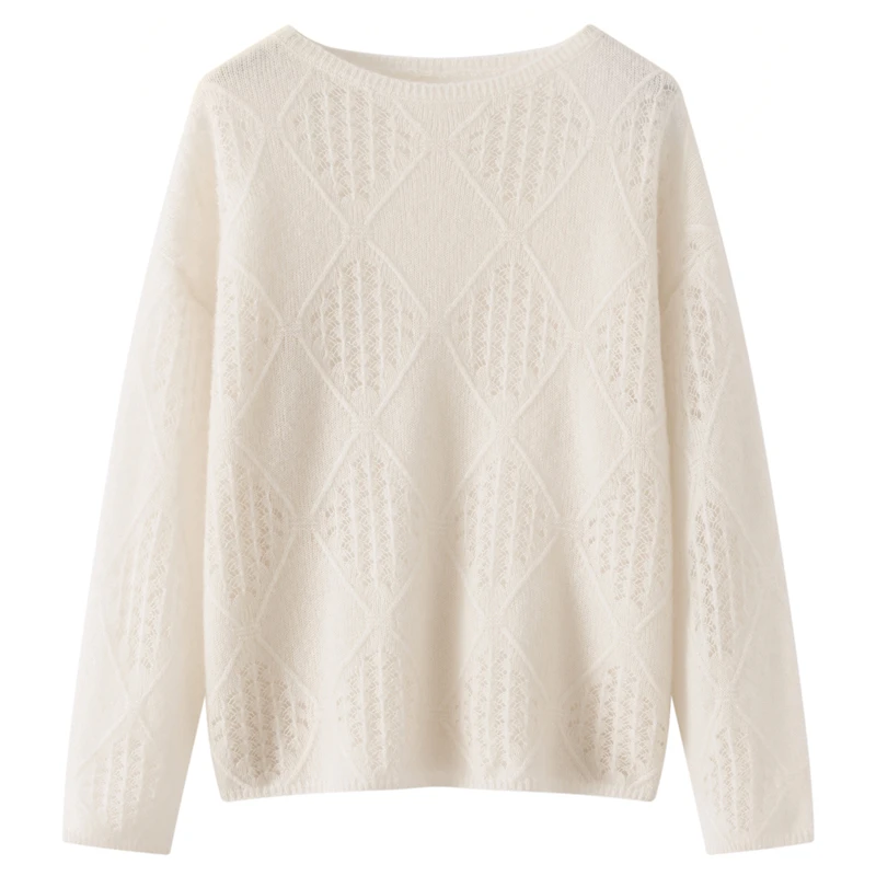 

Hight Quality Women 100% Cashmere Sweater Boat Neck Diamond Grid Hollow Pullover Vintage Style Cashmere Knitwear Autumn Winter