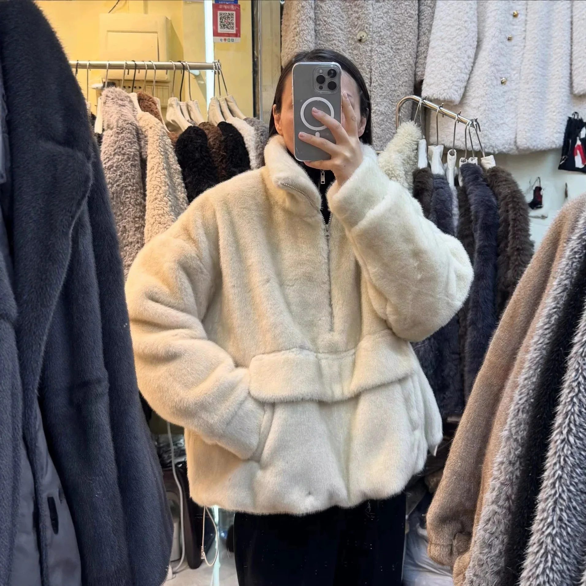 European and American Retro Pullover Mink Sweater Warm Solid Color Fur Jacket Top Stand-up Collar Brown Imitation Fur Jacket New