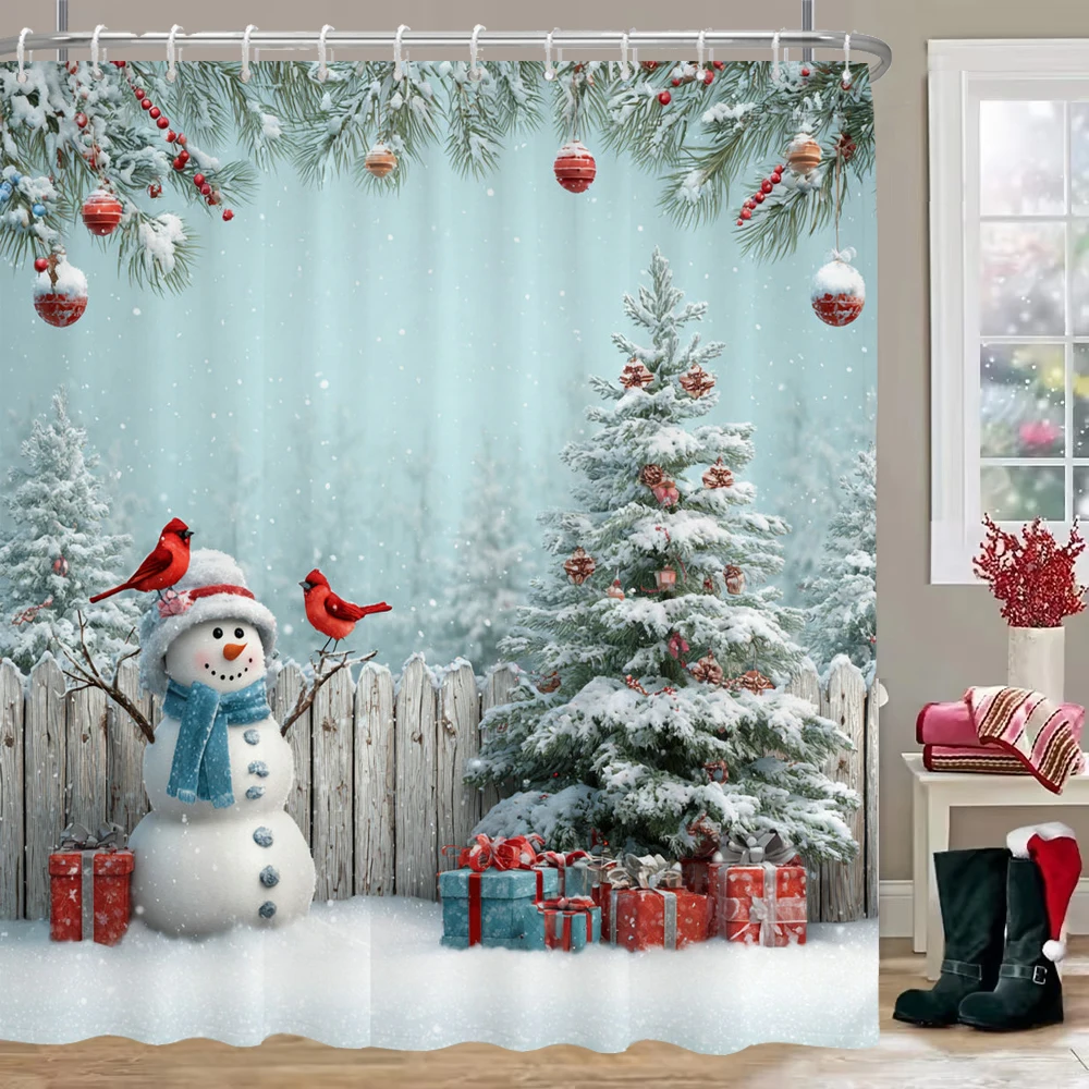 

Snowman Christmas Tree Shower Curtain Merry Christmas Gift Polyester Fabric Home Shower Curtain Bathroom Decoration with Hooks