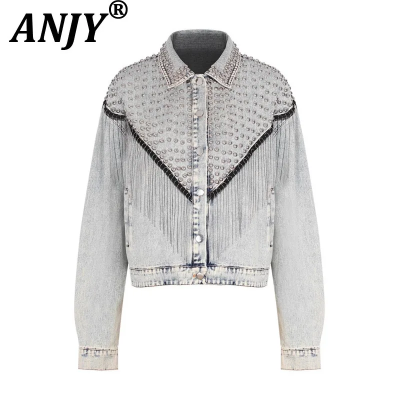 

ANJY Autumn New Women Niche Streetwear Tide Denim Jacket Fashion Original Design Metal Stud Tassel Versatile Trendy Coats A12159