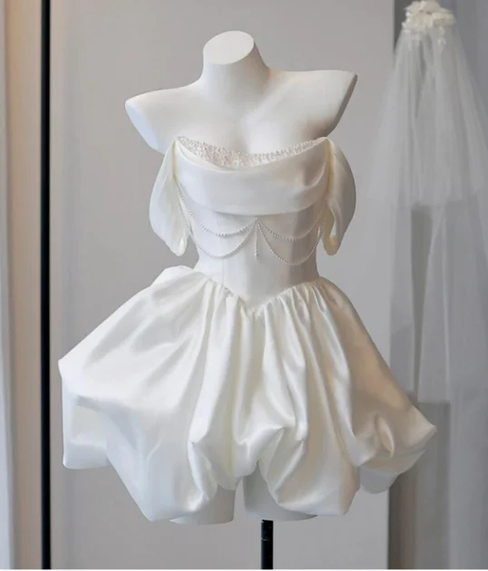 Off Shoulder Satin Short Wedding Dress Pearl Chain Bubble Mini Skirt Corset Back Reception Bridal Gown Vestidos Novia Custom