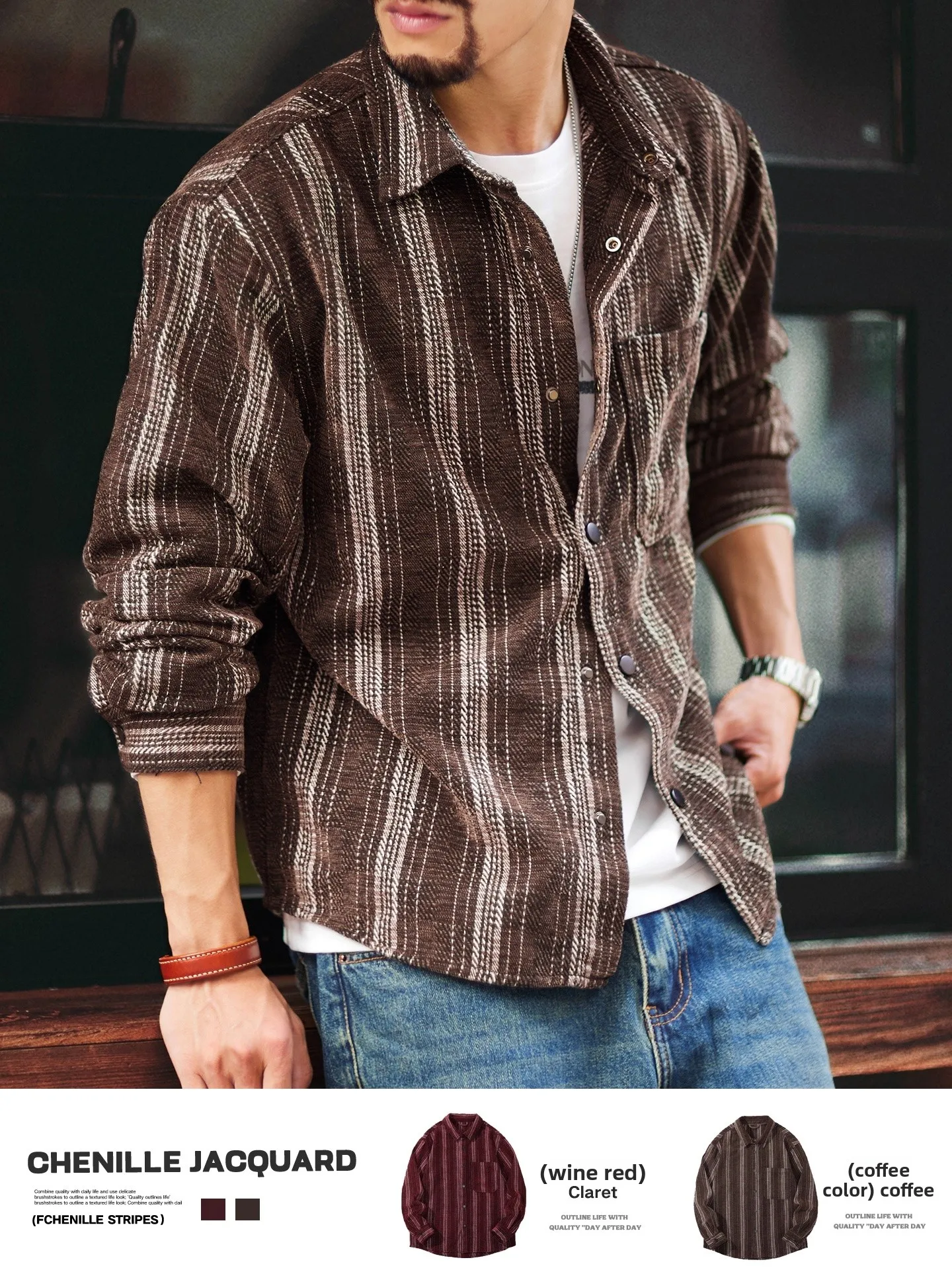 

Loose Fit Casual Plaid irt Men's Long Sve Vintage American Sle Autumn New Arrival Vertical Stripes Men's irt Jaet