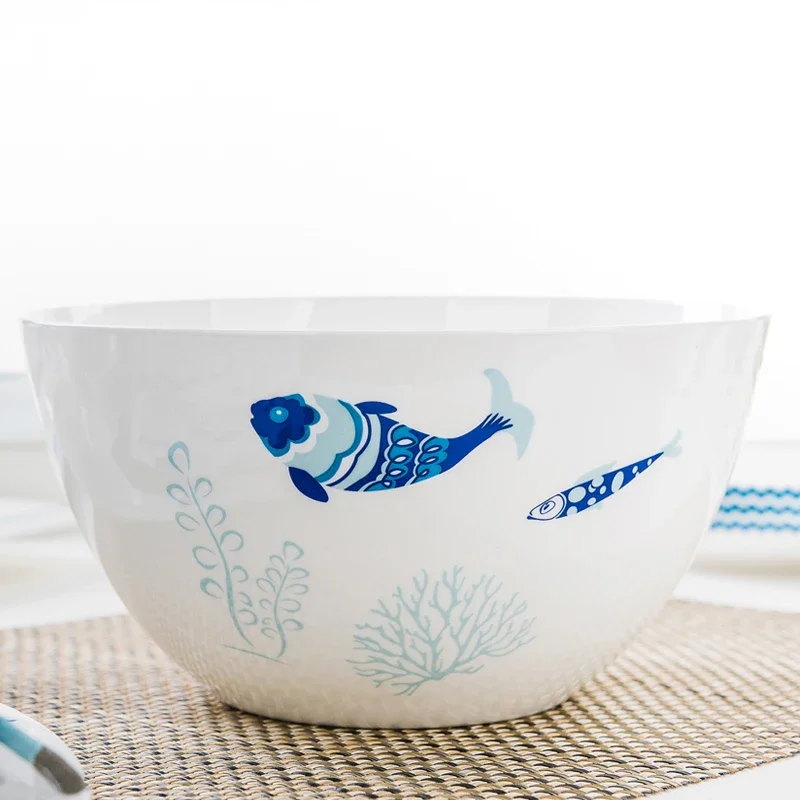 8 Inch, Bone China Big Bowl for Soup, Fish Painting Porcelain Food Storage Container, Ceramic Salad Mixing Bowl for Dinner Serve