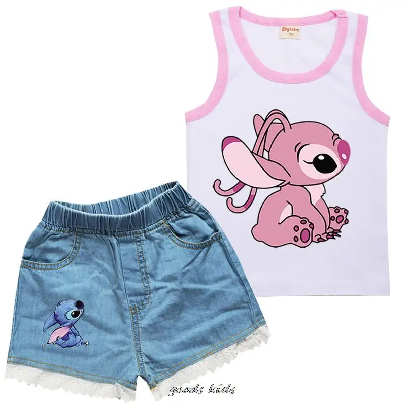 Hot Cotton Toddler Girls Clothes Lilo And Stitch Top abbigliamento estivo per bambini maglietta senza maniche + pantaloncini di Jeans 2 pezzi tuta