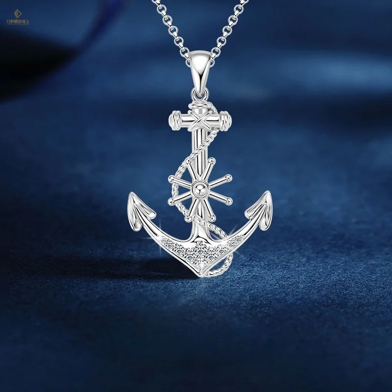 Custom Mossanite Jewelry VVS 2mm&1.8mm&1.5mm&1.2mm 925 Sterling Silver White Gold Plated Anchor Charm Pendant Necklace