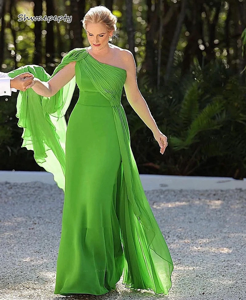 

Sage Green One Shoulder Long Mother Of The Bride Dresses Pleats Chiffon Floor Length Simple Elegant Wedding Guest Dress Women