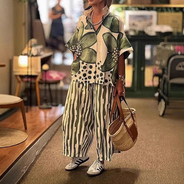 

Summer 2 Piece Set Women Casual Loose Short Sleeve Shirt Wide Leg Pants Flower Print Outfit Ladies Elegant Vintage Suit Clothes