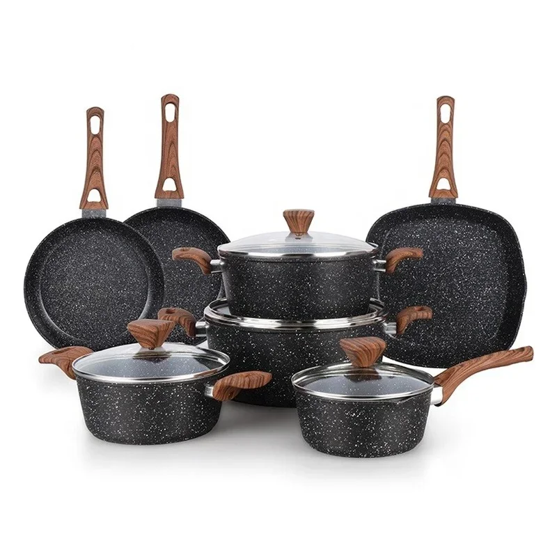 Hot Sell Granite Wooden Handle Stone Forged Aluminium Kitchen Cookware Cooking Pot Sets cookware set