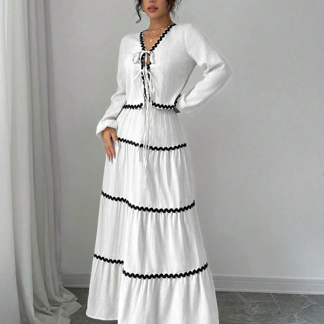 

Ele Holiday Sle Long Sve Комплект юбки трапециевидной формы с рюшами для женщин Легкий круглый комплект из двух предметов из нержавеющей стали Faionable Ens...