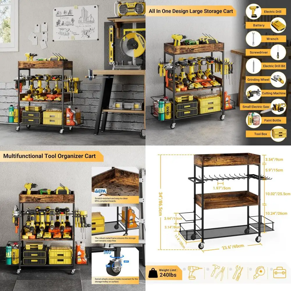 

Heavy-Duty 4-Tier Rolling Tool Cart with Drill Rack for Garage Storage and Workshop Organization (Rustic Brown)
