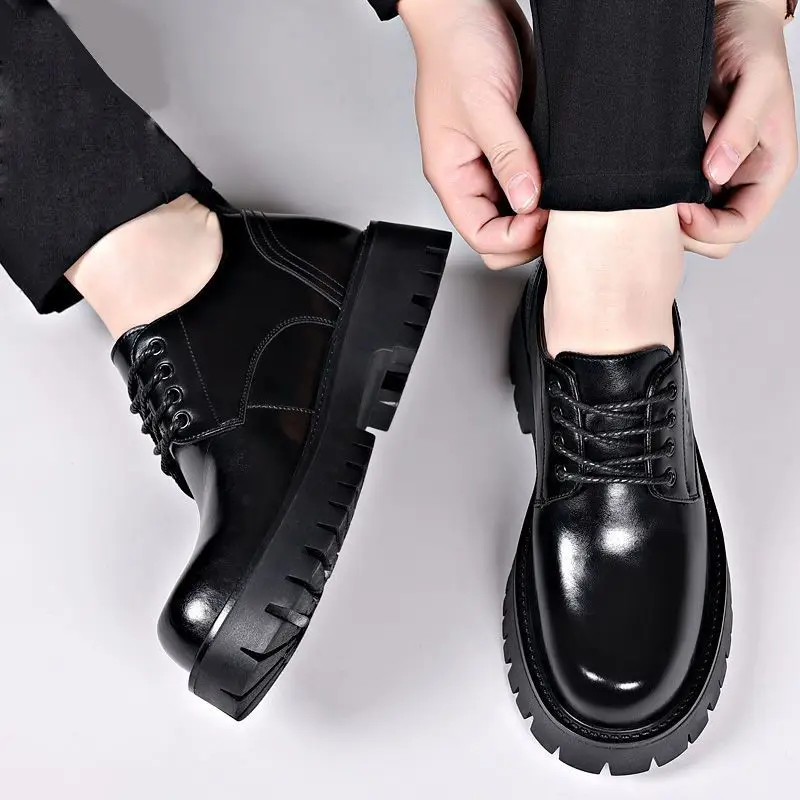 

Genuine Leather Men's British Business Derby Shoes Thick Sole Height Increasing Casual Trendy Footwear