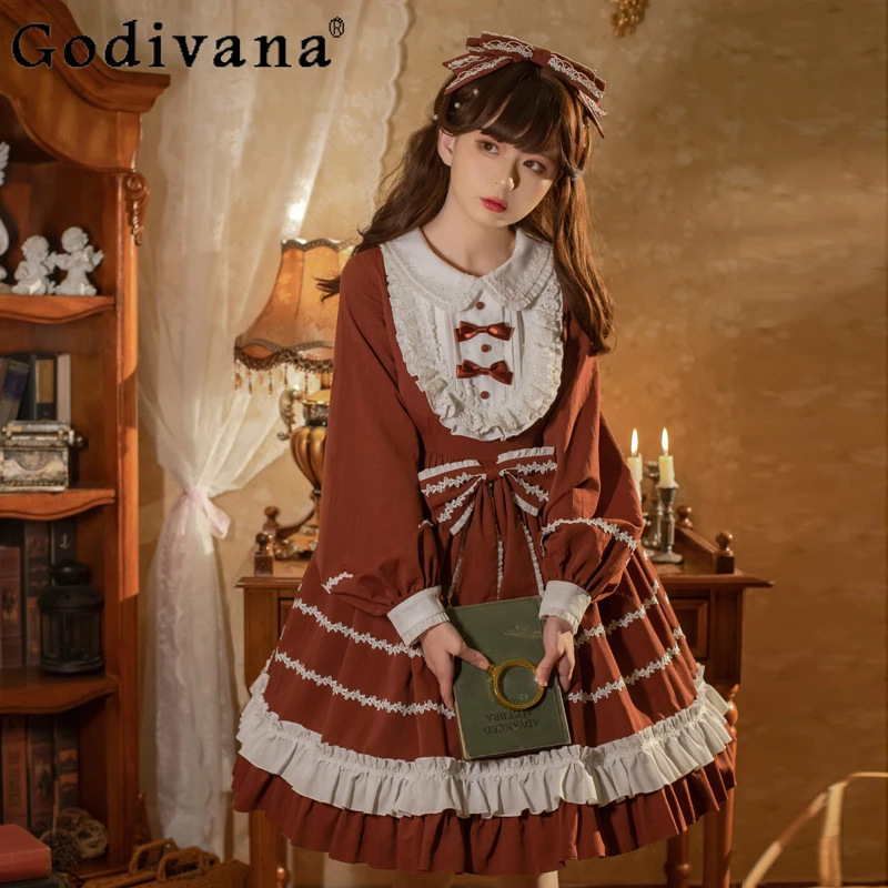 

Sweet Lolita Long Lantern Sleeves Retro Peter Pan Collar Cake Princess Dress Spring Autumn Girl High Waist A-line Fairy Dresses