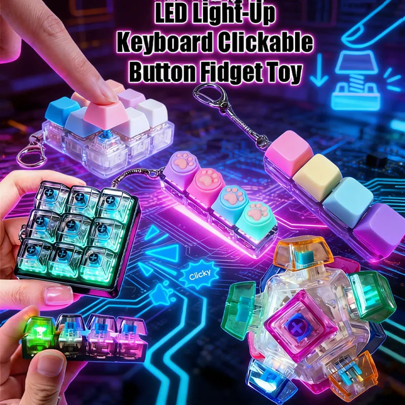 LED Light Up Keyboard Keychain with Clickable Buttons - Stress Relief Fidget Toy, Portable Desk Accessory, Office Decor Gift