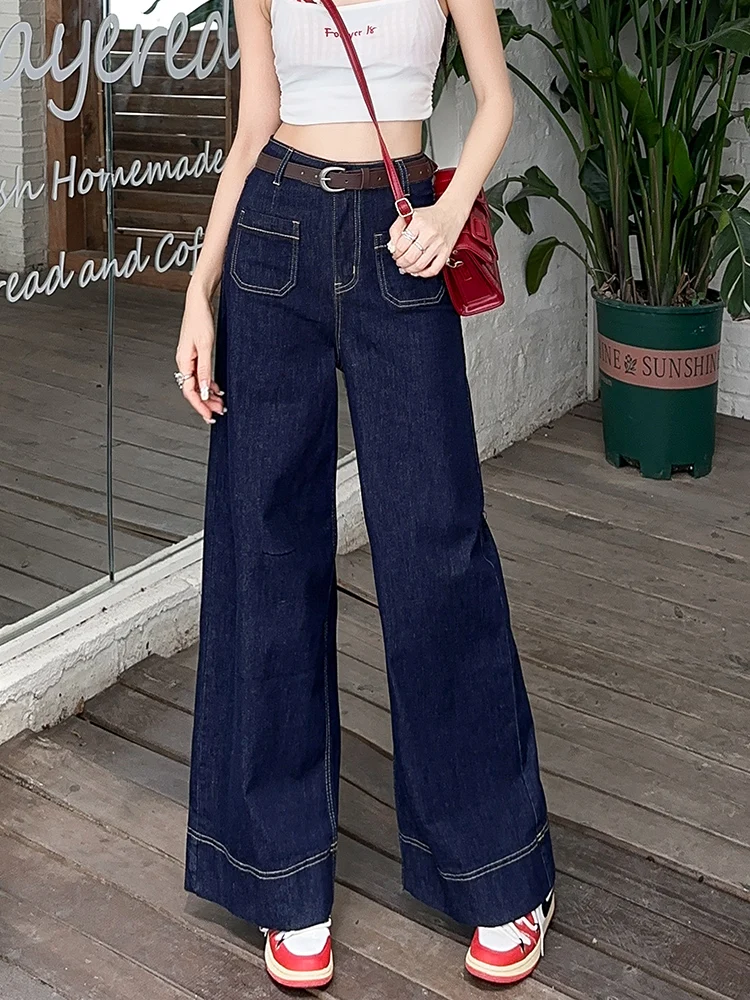 

Прямые джинсы с высокой талией, женские свободные джинсовые синие широкие длинные брюки, повседневные повседневные джинсы из неэластичной ткани
