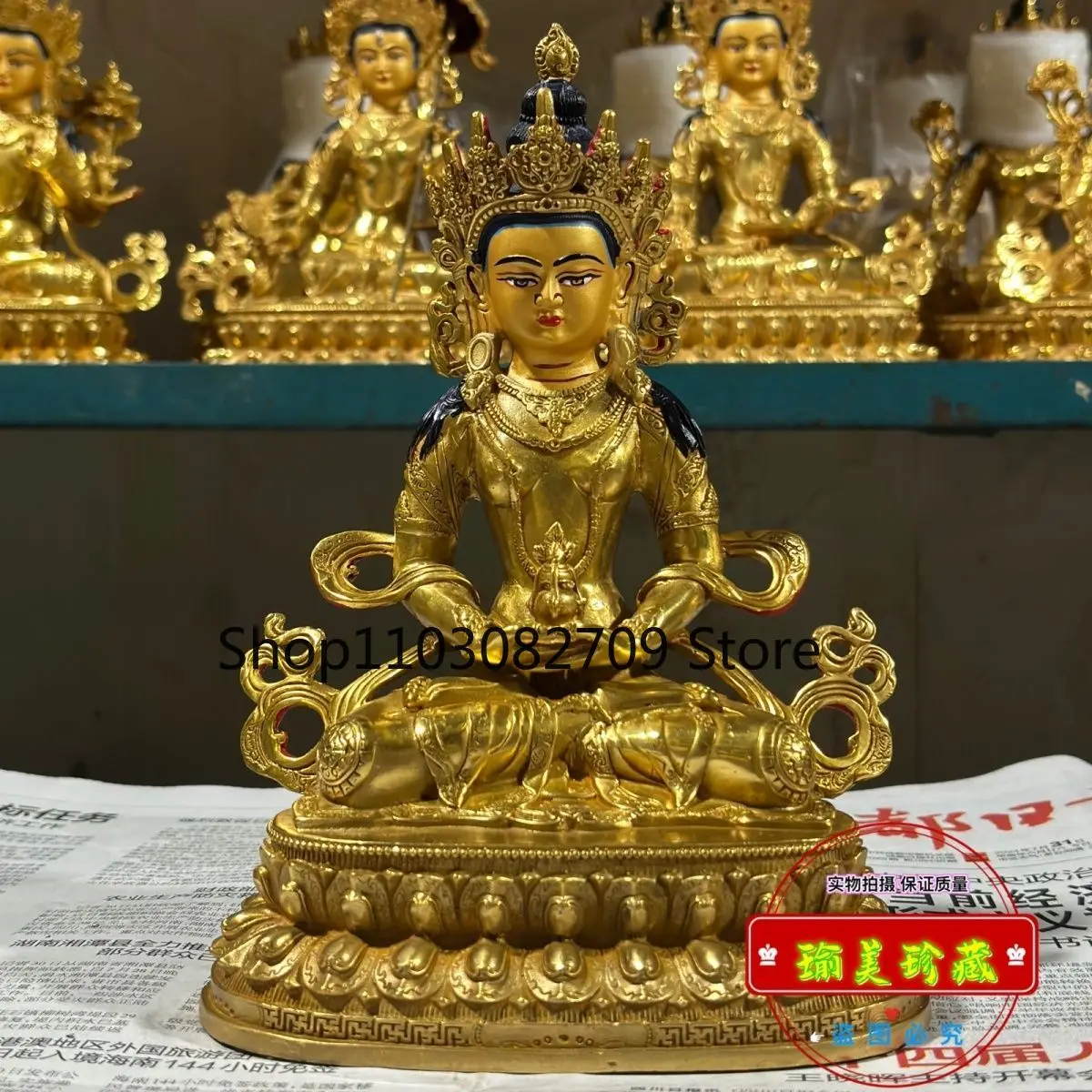 7 inch longevity Buddha gilt Buddha statue ornament Tibetan bronze statue tantra pure brass full gilt handmade open face boutiqu