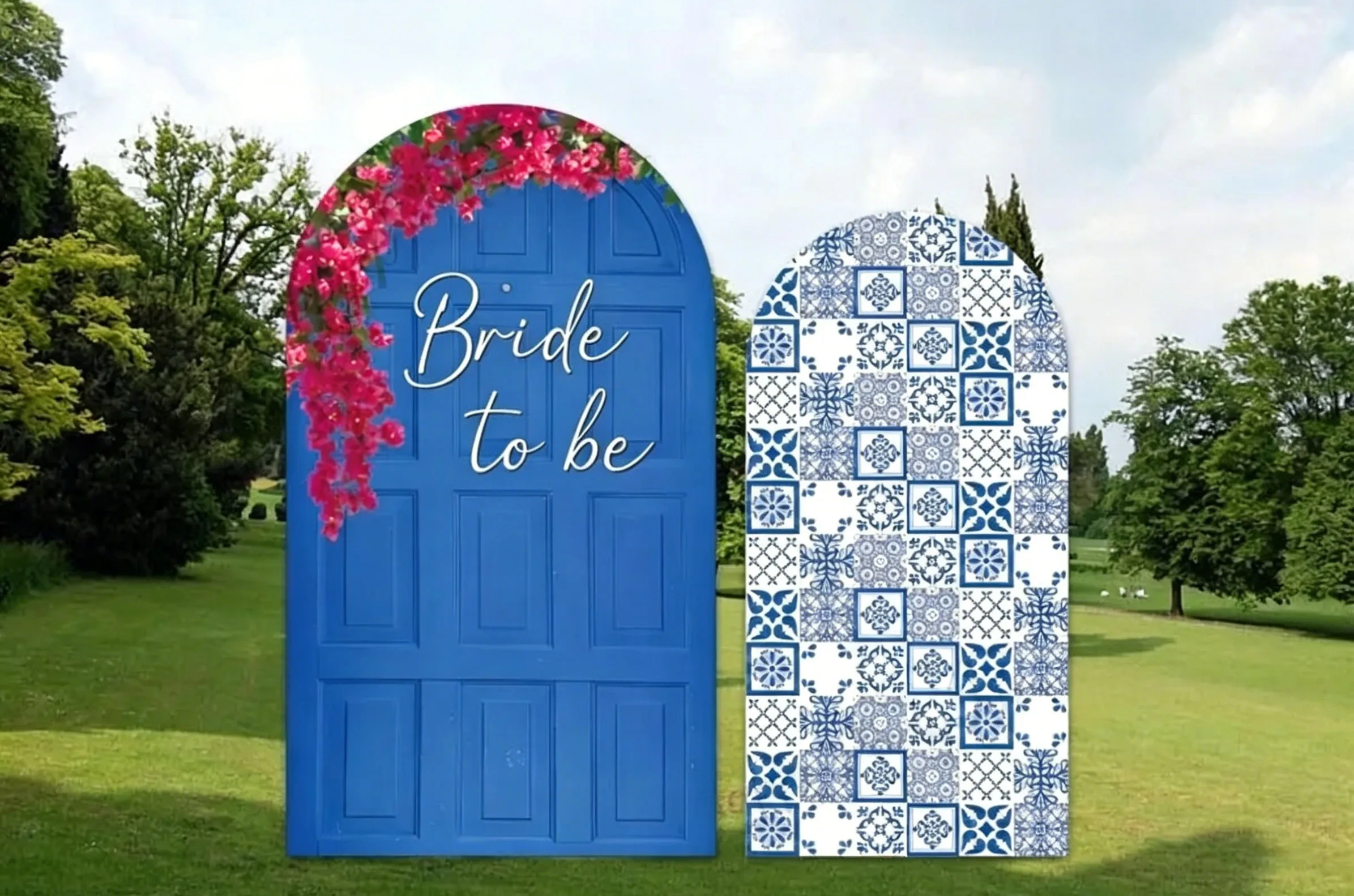 Housse d'arche personnalisée double face Mamma Mia pour douche nuptiale, future mariée, bleu porcelaine, décoration méditerranéenne pour fiançailles et mariage