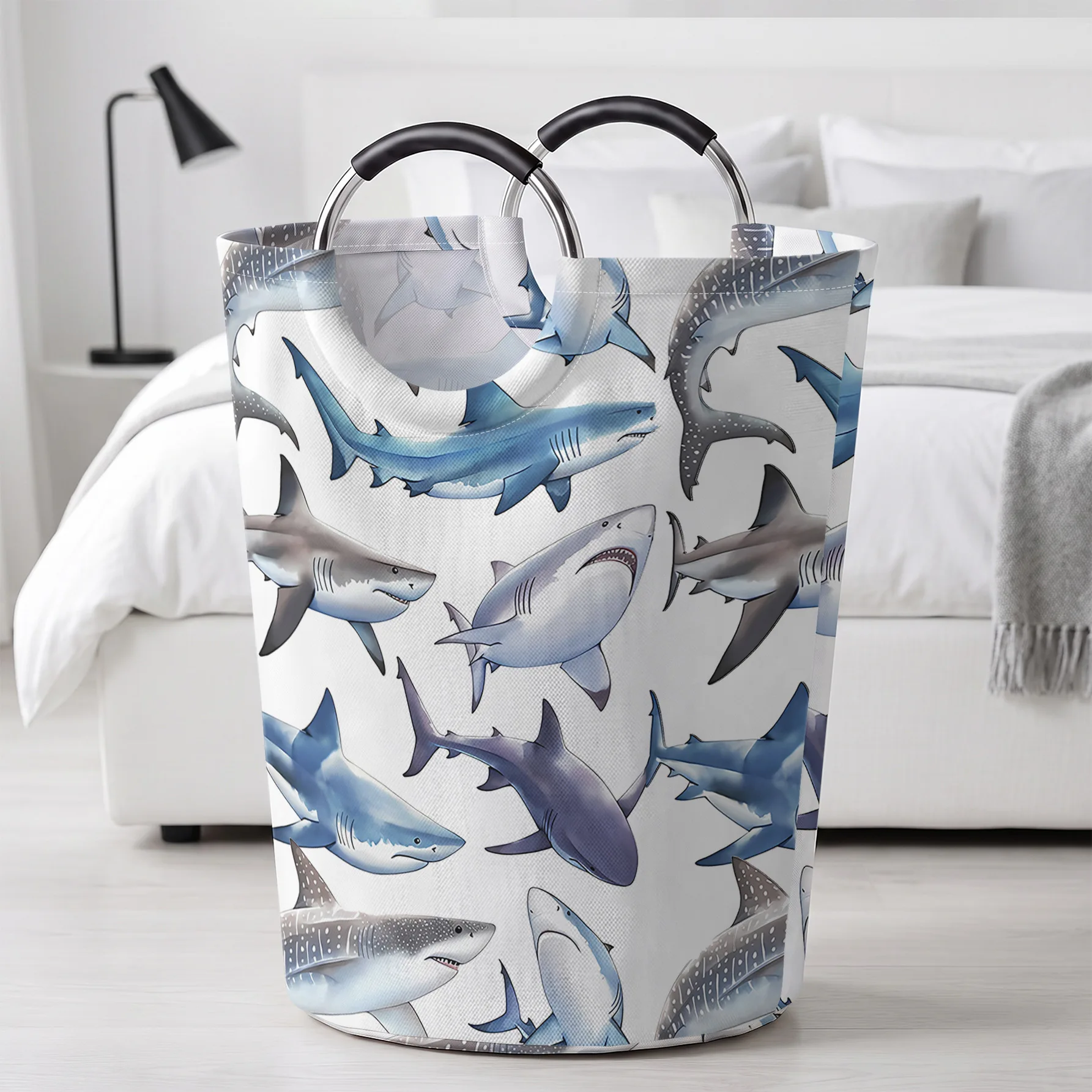Ocean Shark All‑Over Print Handheld Storage Basket, For Laundry, Bedroom & Home Sundries Storage