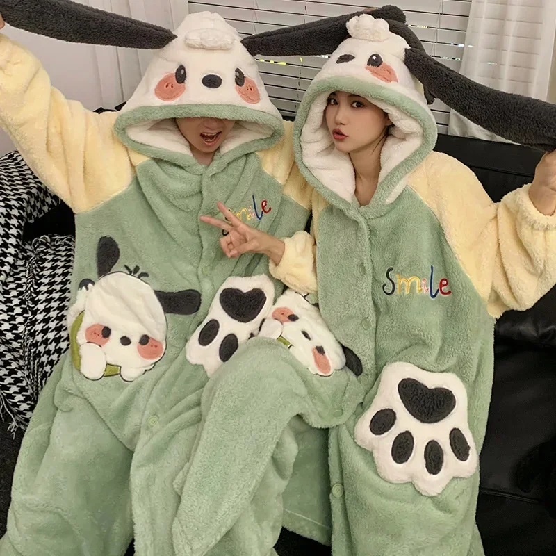 Sanrio Kuromi Matching Couple Pajamas Pochacco Night Robe Set Cartoon Pyjamas Thicken Coral Fleece Plush Winter Couple Sleepwear