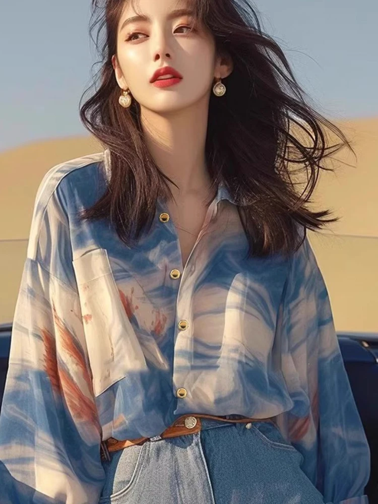

French Vintage Shirts Tie Dye Pockets Tops Turn Down Collar Long Sleeve Single Breasted Blouses Spring Elegant Women's Clothing