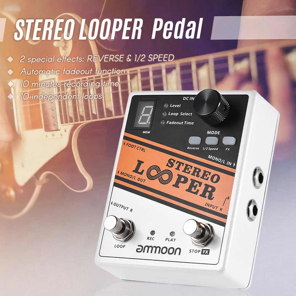 ammoon STEREO LOOPER Loop Record Guitar Effect Pedal 10 Independent Loops 10min Recording for Each Loop Unlimited Overdubbing