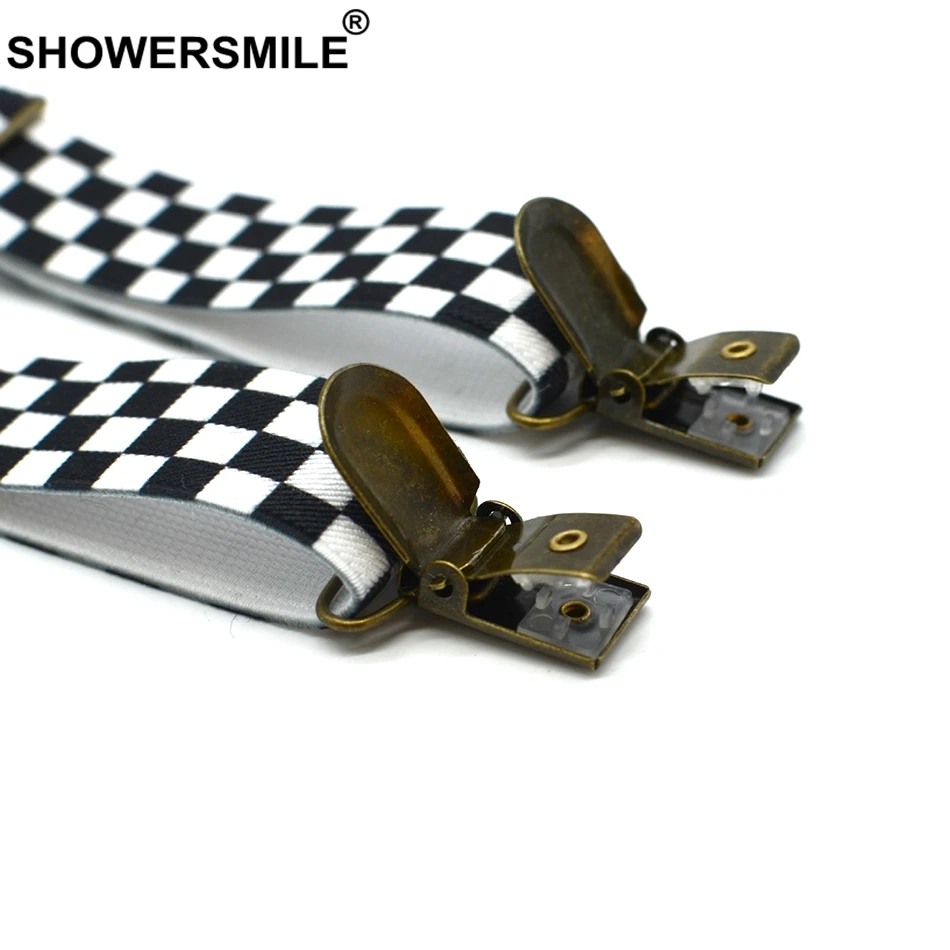 SHOWERSMILE เด็ก Checkered Suspenders ชาย Suspender ออกแบบอย่างเป็นทางการ Suspender Bow Tie เด็ก 4 คลิป Checkerboard เด็กรั้ง