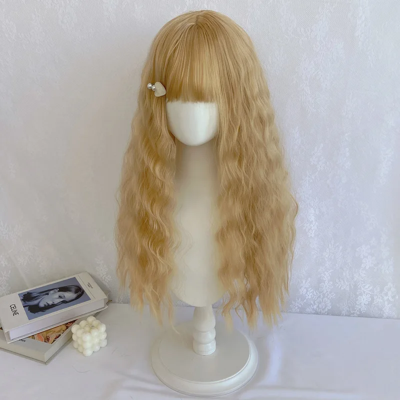 Golden long hair wig for women, Lolita style, with wavy curls, air bangs, Japanese fluffy full headpiece