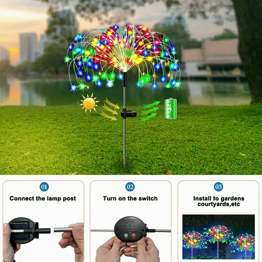 LED Solar Firework Fairy Lights Outdoor Waterproof Lawn Pathway Garden Lights para Pátio Yard Party Decoração do casamento do Natal