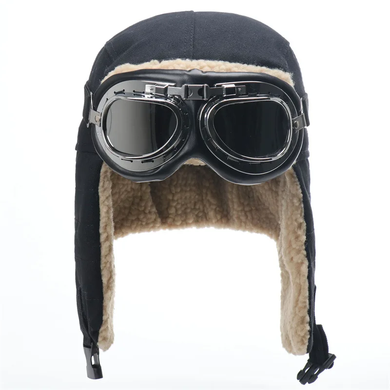 SupSindy Army Military Ushanka Men&Women Windproof Winter Bomber Hats with Goggles Warm Lamb Wool Pilot Earflap Thermal Snow Cap