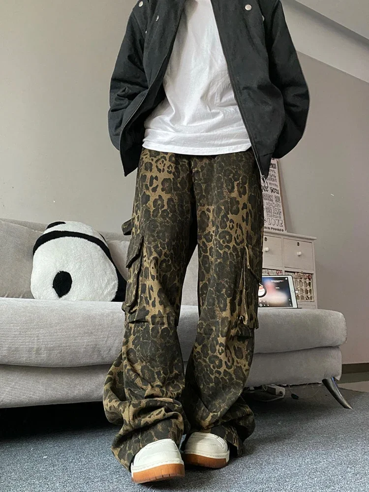 Baggy Men Casual Pants Pockets Harajuku Leopard American Cargo Style Streetwear Trousers Fashion Hip Hop Handsome Personality