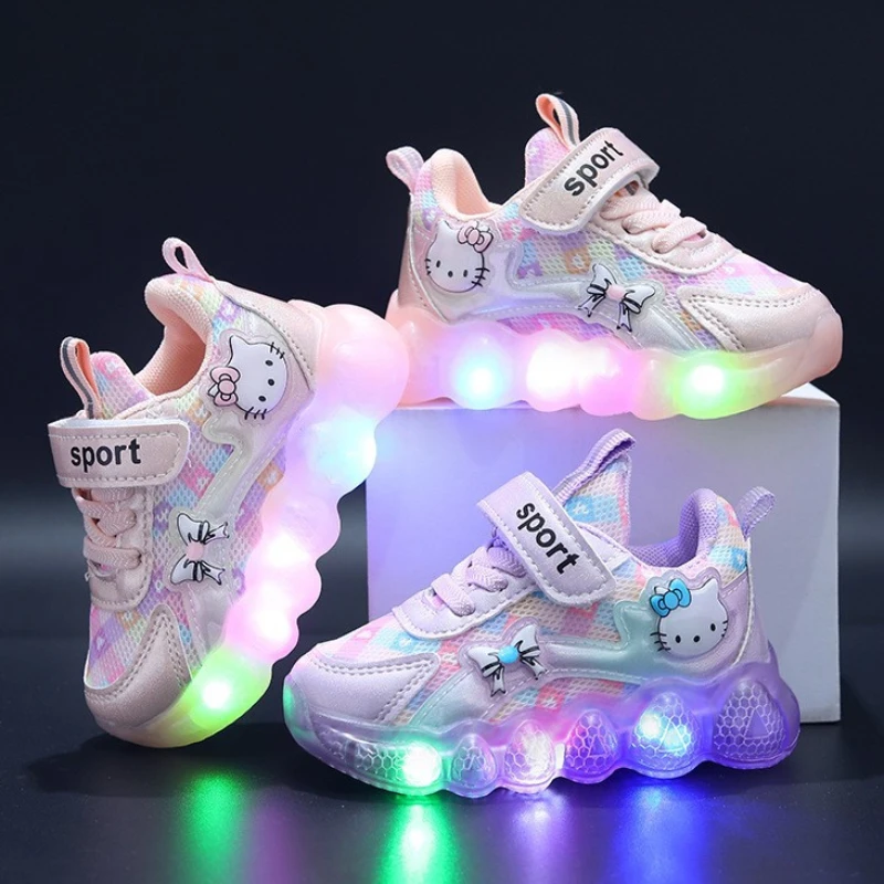 Cute Hello Kitty Casual Shoes for Baby Girl Children Led Light Sneakers Kids Shoes Toddler Walking Shoes Kids Anti-slip Shoes