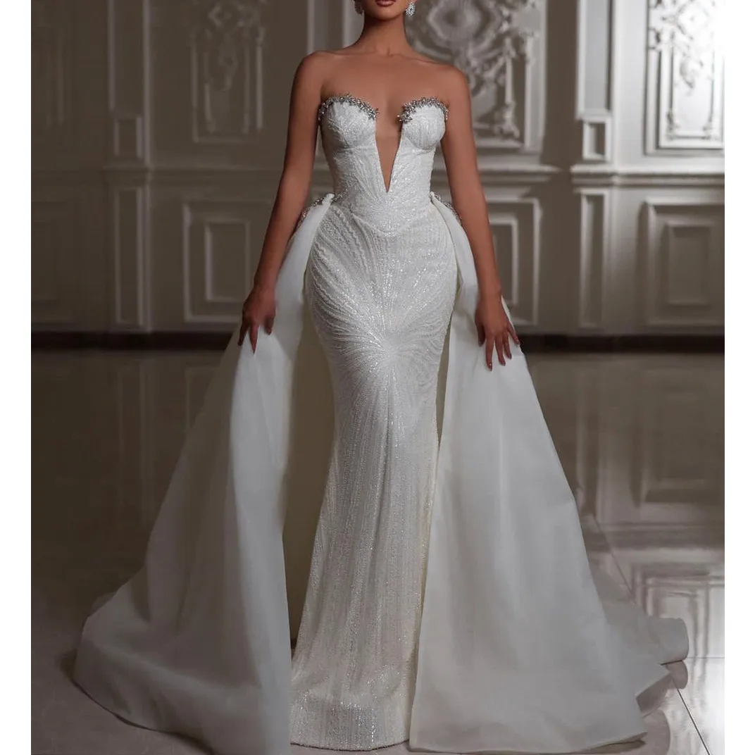 

Elegant Mermaid Wedding Dresses Sleeveless V Neck Sequins Appliques Lace Diamonds Detachable Train Bridal Gowns Vestina De Novia