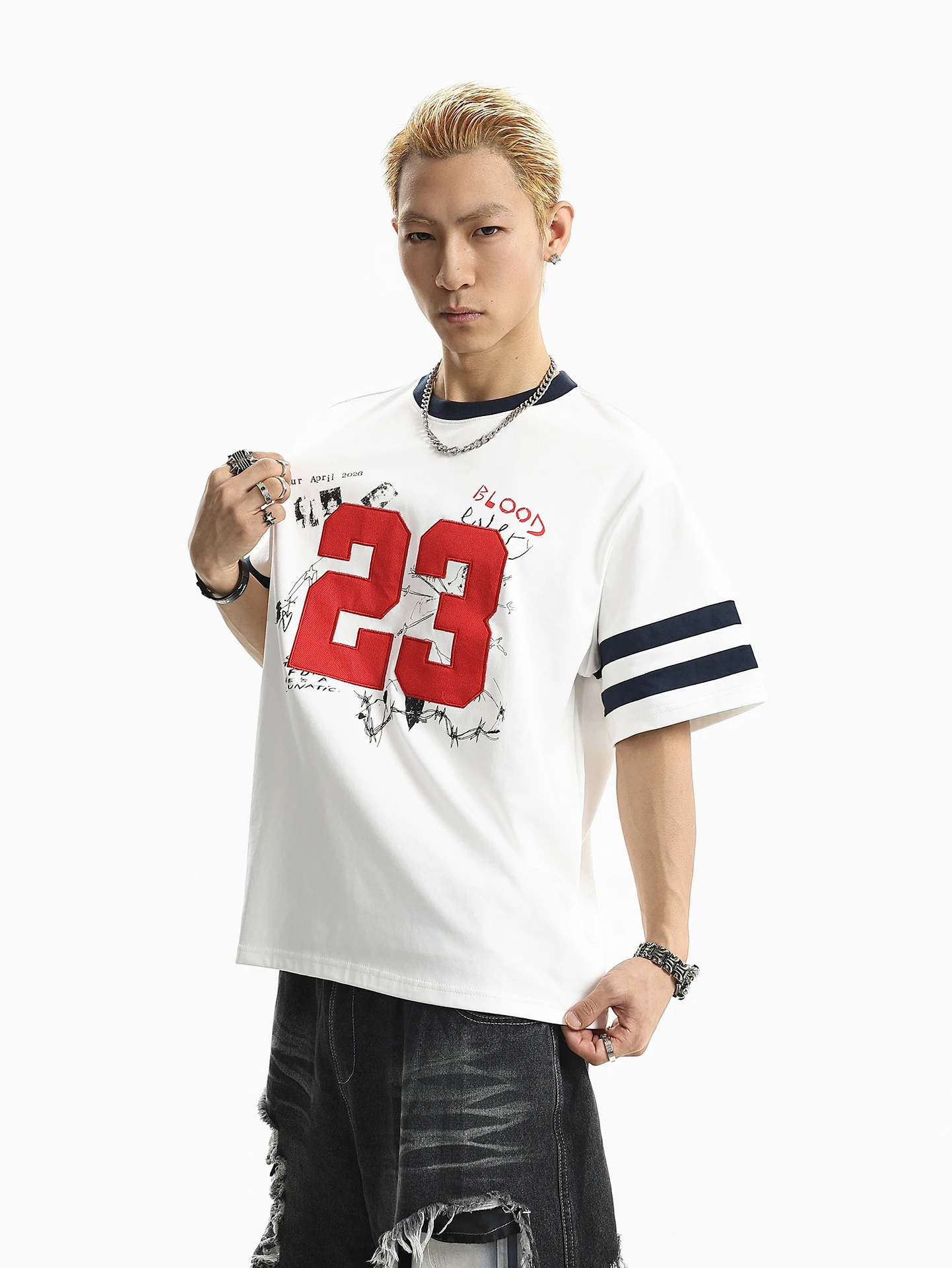 BETEBULE American High Street Embroidered Print Striped round Neck Short Sleeve Men's Summer Loose Top Trendy Brand T-shirt