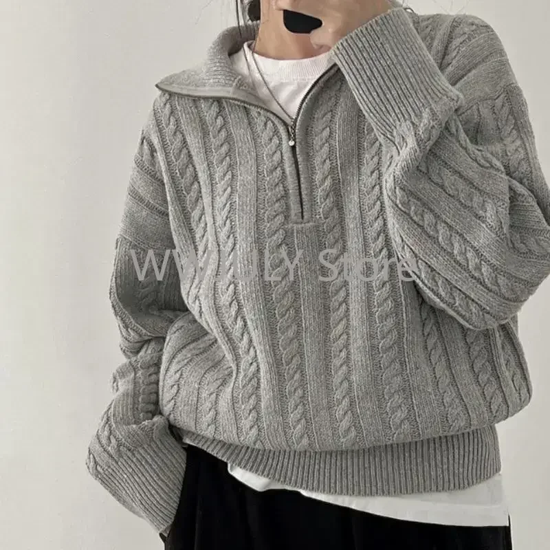 2024 Korean Fashion Half Zipper Sweaters Women Vintage Twisted Knitted Crop Pullover Casual Sueter Mujer Long Sleeve Tops