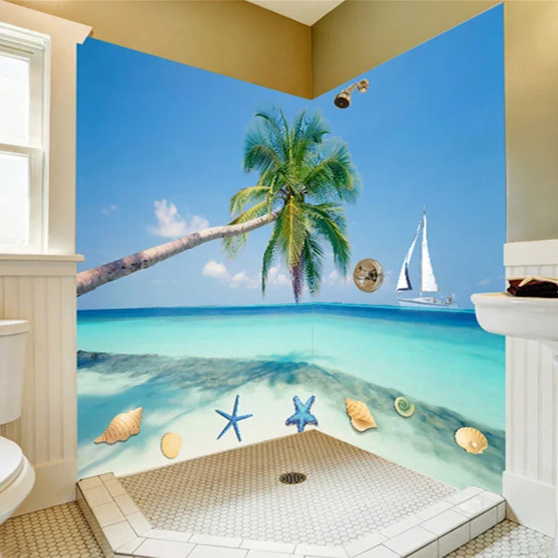 

Modern Simple 3D Beach Coconut Palm Mural Wallpaper Bathroom Background Wall Sticker PVC Waterproof Self Adhesive Wallpaper Roll