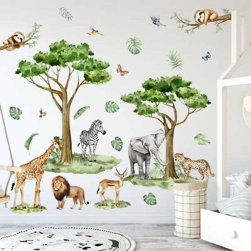 Pegatina de pared de animales de la selva de la selva, Mural de animales de Safari para habitación de niños de dibujos animados, papel tapiz de palmera, papel de pared