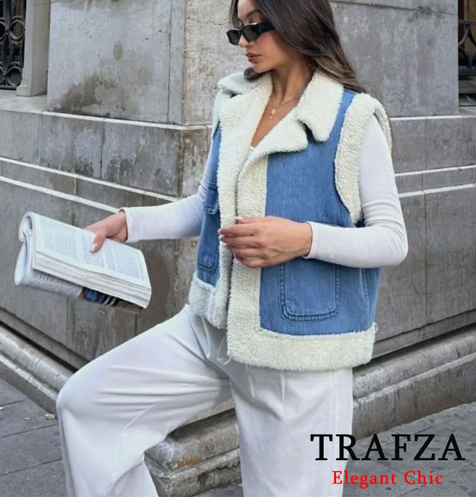 TRAFZA-Women Casual Fleece Vest Coat Lapel Buttons Denim Vest New 2024 Fashion Fall Winter Vintage Simple Versatile Vest