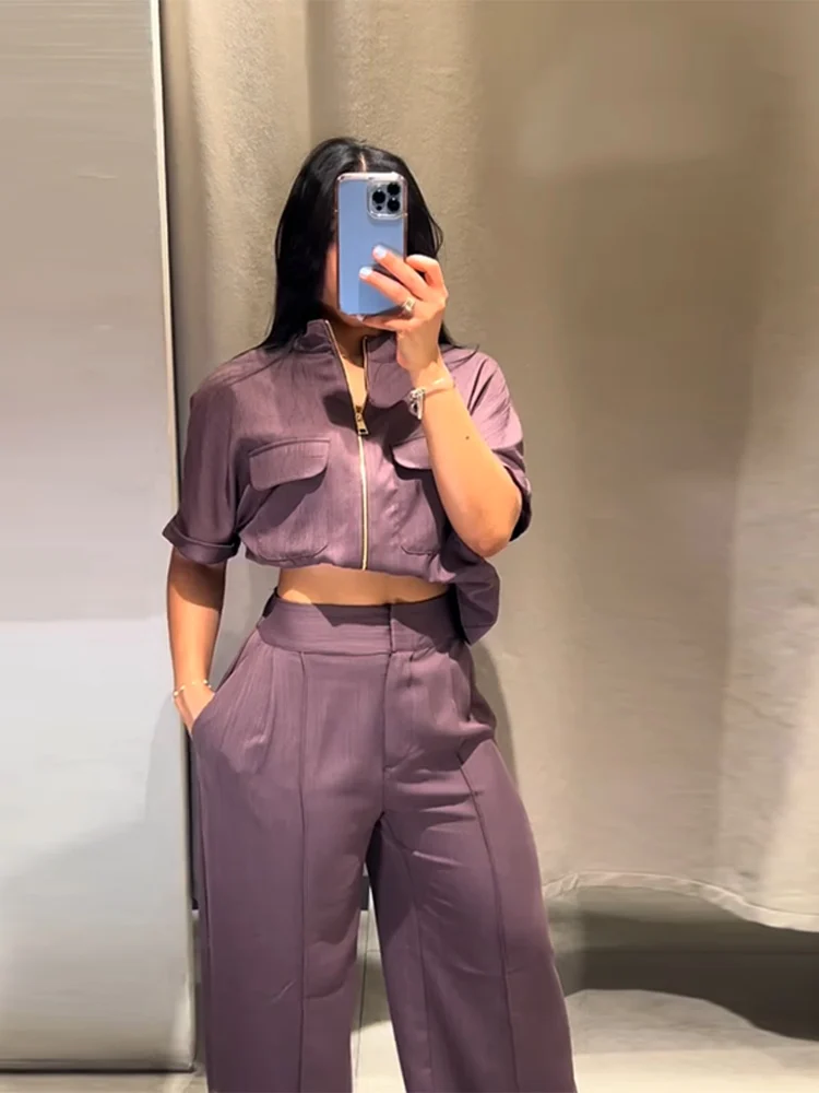 

Фиолетовый летний женский костюм, повседневный женский костюм на шнуровке с воротником-стойкой и карманами на молнии, длинные брюки с высокой талией, уличный женский офисный костюм