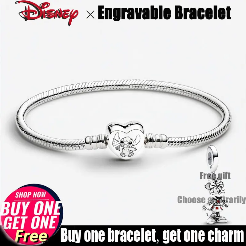 

Disney Stitch Engravable Bracelet S925 Sterling Silver Heart Clasps Original Bracelet For Women Girls Luxury Jewelry Making Gift