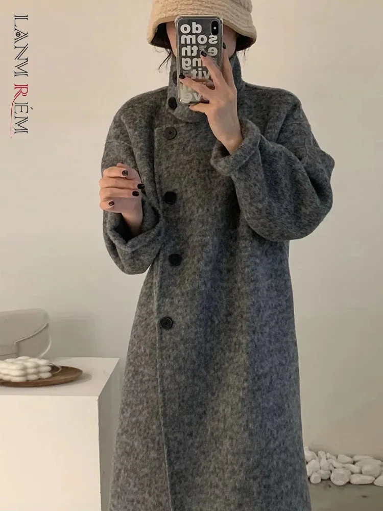 

LANMREM Korean Grey Long Wool Coat With Standing Collar Single Breasted Double Sided Thickened Coats 2024 Autumn Winter 2DA8055