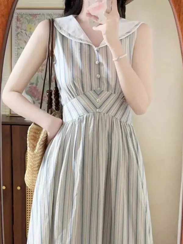 French Style High Waist A-Line Dress Women's Summer Fashion Stripe Sleeveless Dress Waist-Cinching City Commute Casual Date