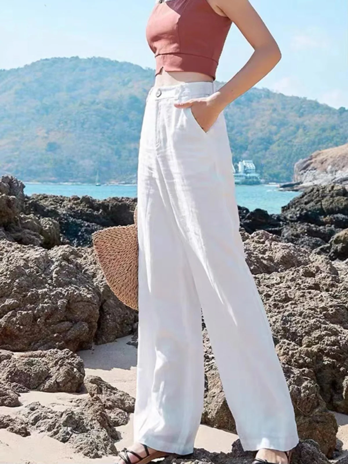 ارتفاع الخصر السراويل واسعة الساق المرأة الصيف رقيقة القطن الكتان عارضة السراويل التخسيس ثنى مستقيم السراويل الطويلة #4